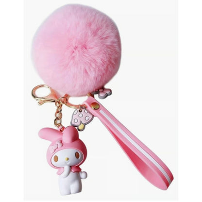 Cute My Melody Keychain With Pink Fluffy Pom Pom & Pink Strap Charm Accessory