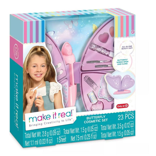 Make It Real Butterfly Cosmetic Set For Kids 23-Piece All-In-One Beauty Kit With Butterfly Case