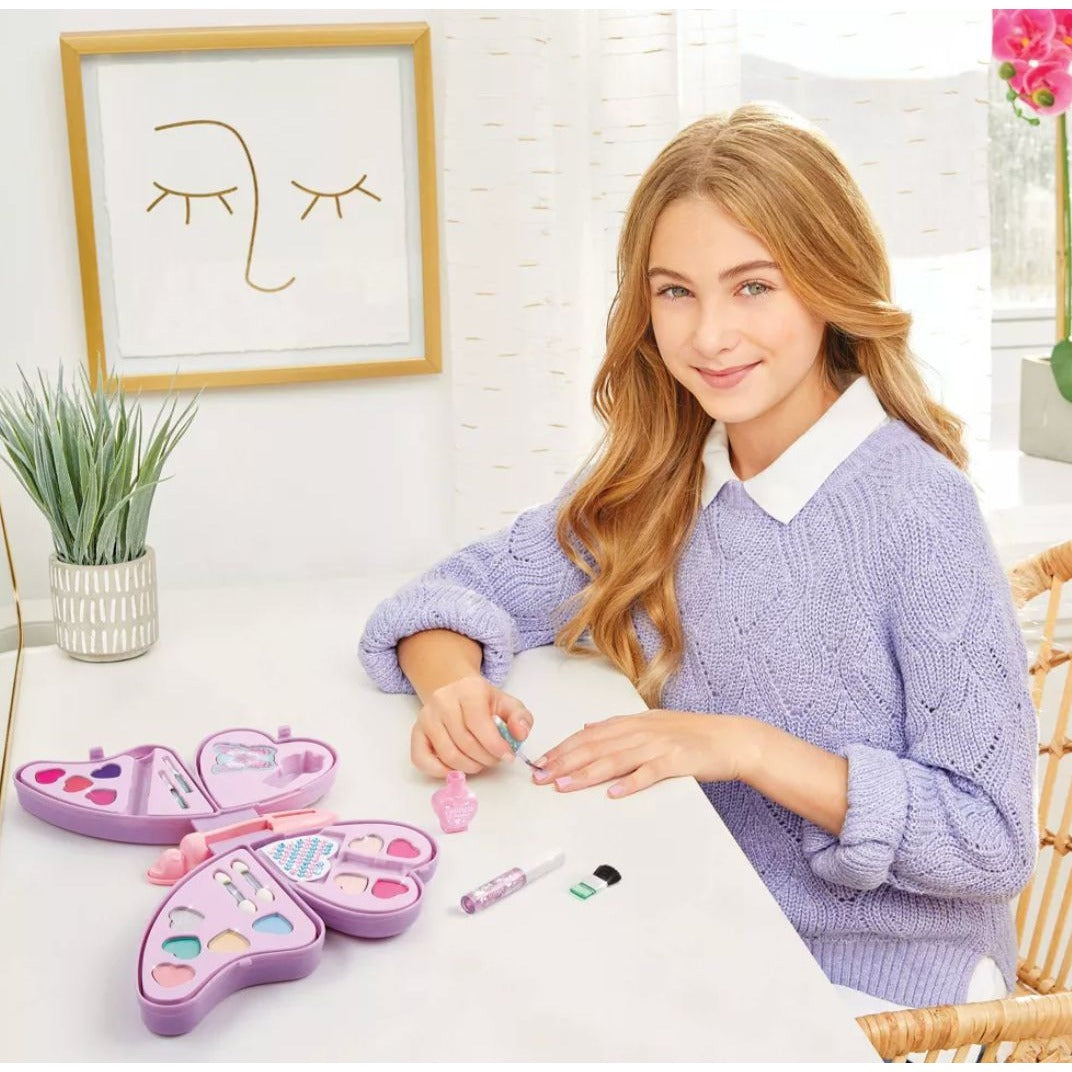 Make It Real Butterfly Cosmetic Set For Kids 23-Piece All-In-One Beauty Kit With Butterfly Case