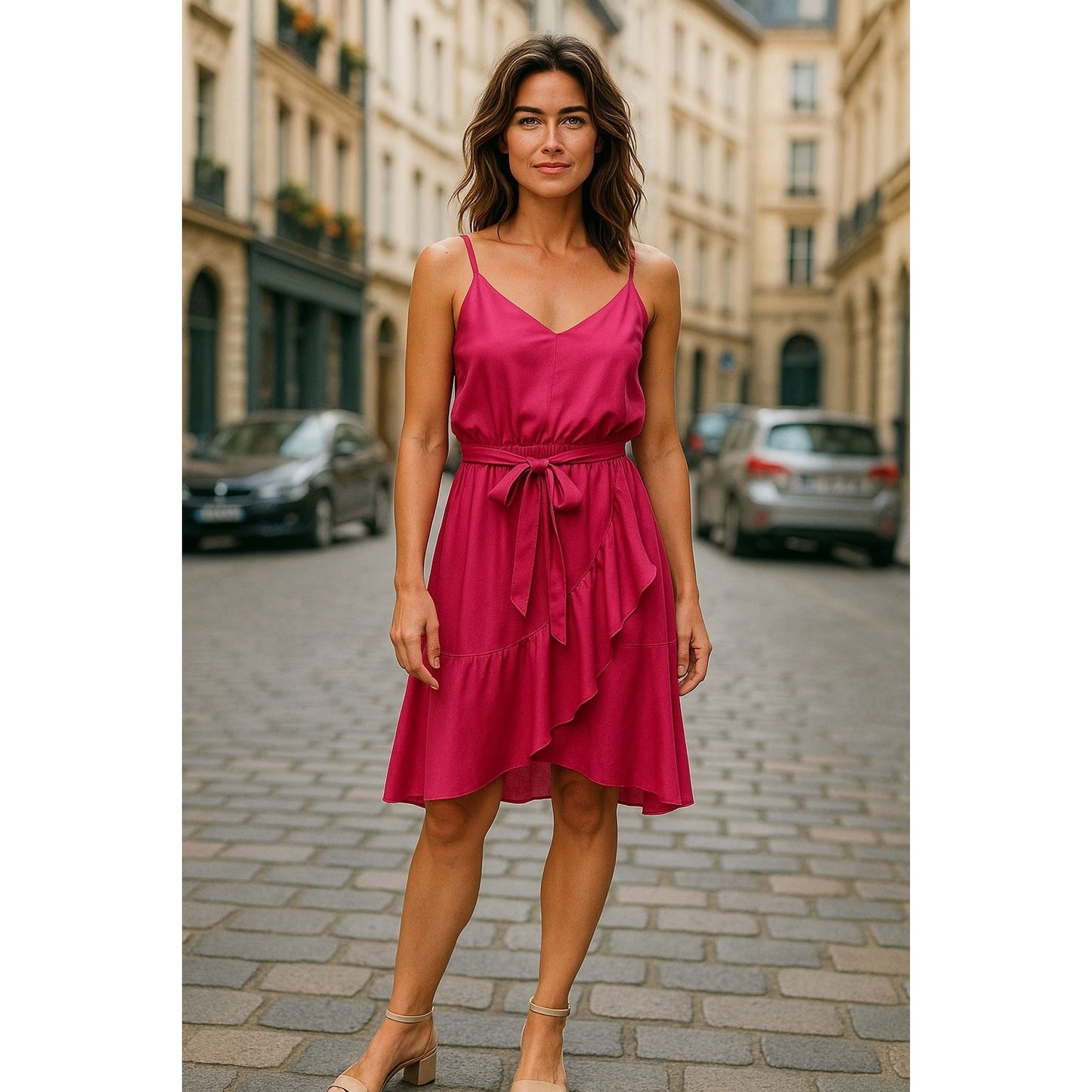 Tahari Arthur S. Levine Pink Sleeveless Ruffle Wrap Dress With Tie Waist Size S