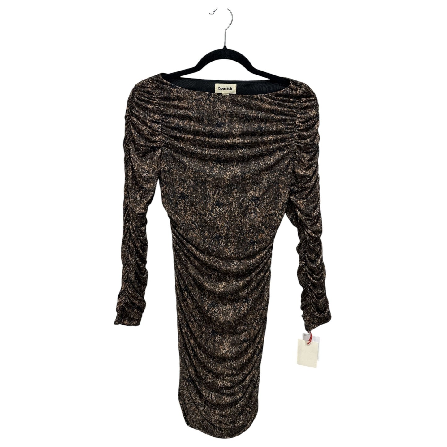 Open Edit Ruched Long-Sleeve Metallic Sheath Dress S Black/Bronze