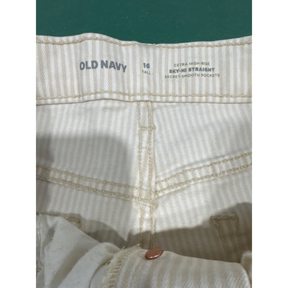 Old Navy Women's Extra High-Rise Sky-Hi Straight Jeans Size 16 Tall Beige & White Striped