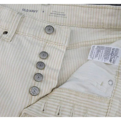 Old Navy Women's Extra High-Rise Sky-Hi Straight Jeans Size 16 Tall Beige & White Striped