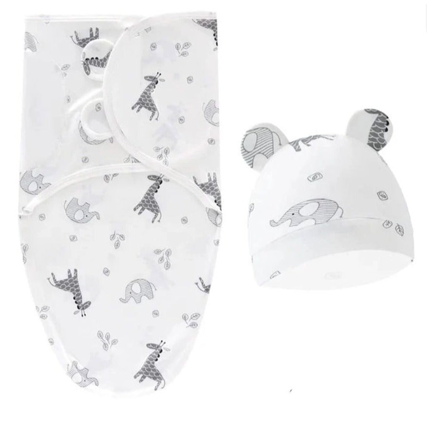 Baby Swaddle Blanket & Hat Set With Animal Print Soft Cotton Adjustable Wrap Newborn Unisex