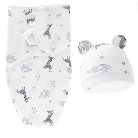 Baby Swaddle Blanket & Hat Set With Animal Print Soft Cotton Adjustable Wrap Newborn Unisex