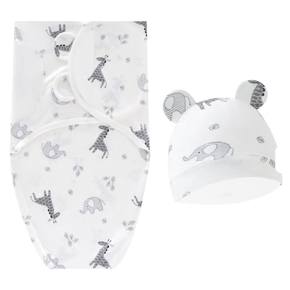 Baby Swaddle Blanket & Hat Set With Animal Print Soft Cotton Adjustable Wrap Newborn Unisex