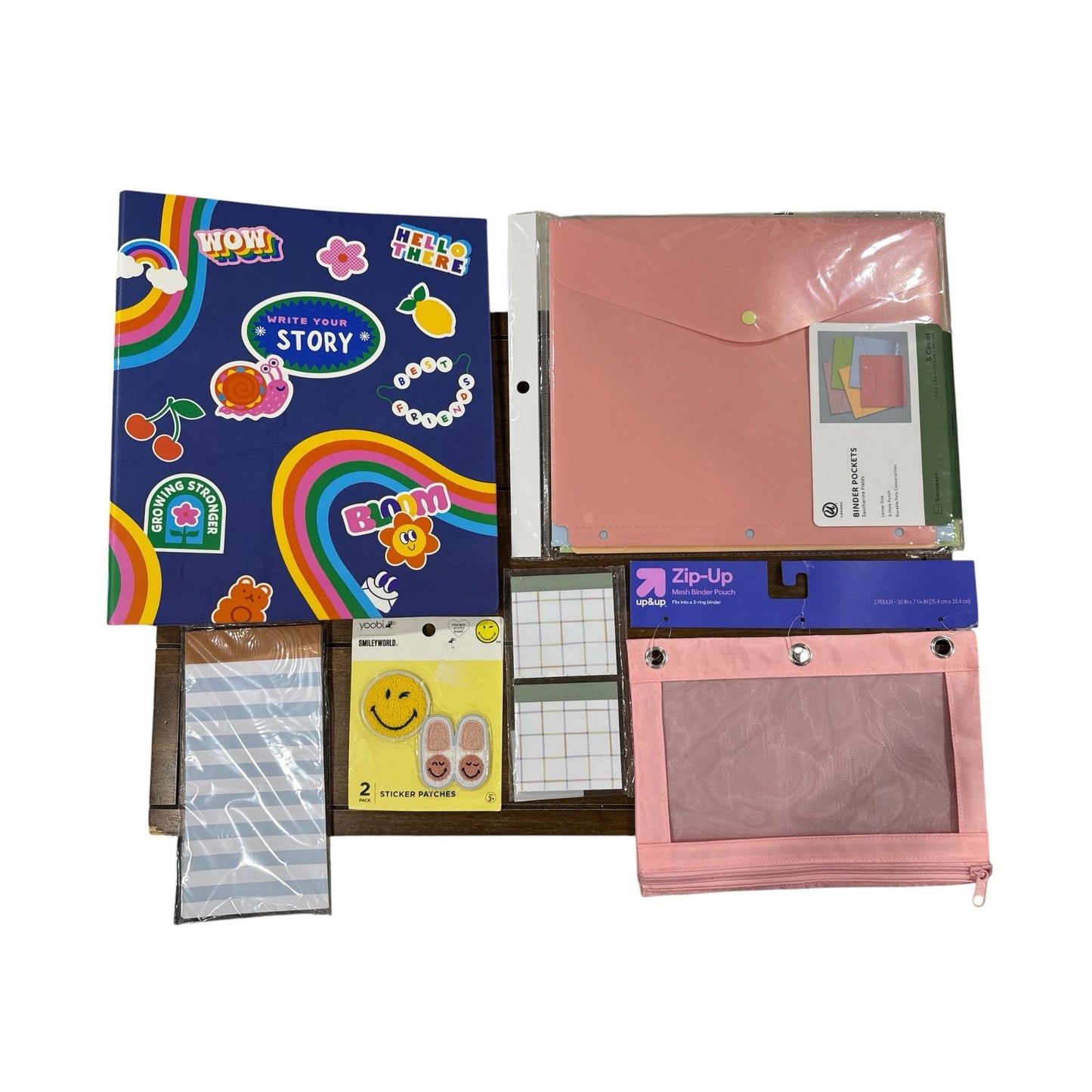 Set of 6 Colorful Eco-Friendly Stationery Set: Binder, Binder Pouch Pockets, Pouch, Note Pads & Fun Sticker Patches
