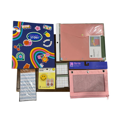 Set of 6 Colorful Eco-Friendly Stationery Set: Binder, Binder Pouch Pockets, Pouch, Note Pads & Fun Sticker Patches