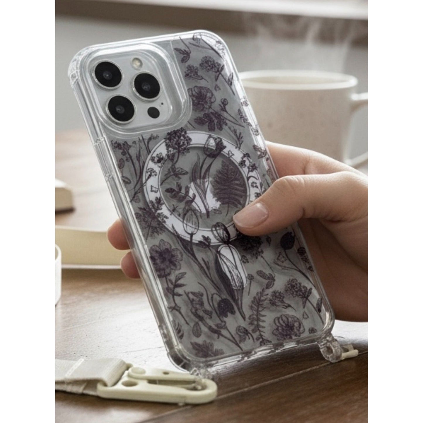 Floral Clear Phone Case With Adjustable Strap For iPhone 15 Pro Max Slim Design Protective Cover