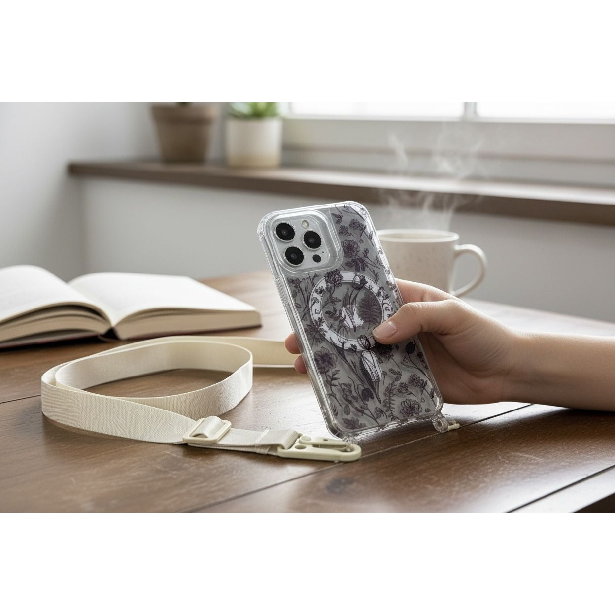 Floral Clear Phone Case With Adjustable Strap For iPhone 15 Pro Max Slim Design Protective Cover