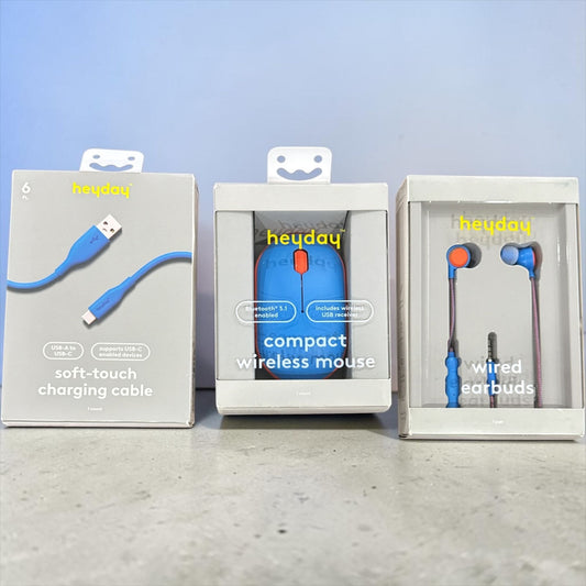 Heyday Charging Cable Wireless Mouse & Wired Earbuds Set  Bluetooth Mouse USB-C Cable & 3.5mm Earbuds  Blue