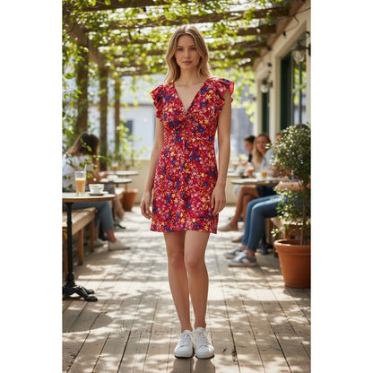 Eliza J Women's Floral Print Red Dress With Ruffle Sleeves Size 4 MSRP $138