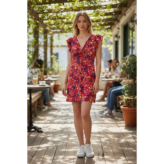 Eliza J Women's Floral Print Red Dress With Ruffle Sleeves Size 4 MSRP $138