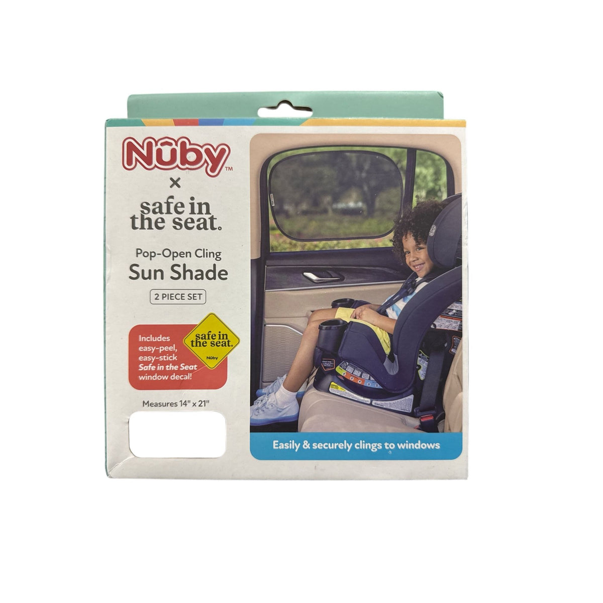 Nuby Pop-Open Cling Sun Shade 2-Piece Set 14" x 21" Easy-Peel Decal UV Protection Universal Fit For Car Windows