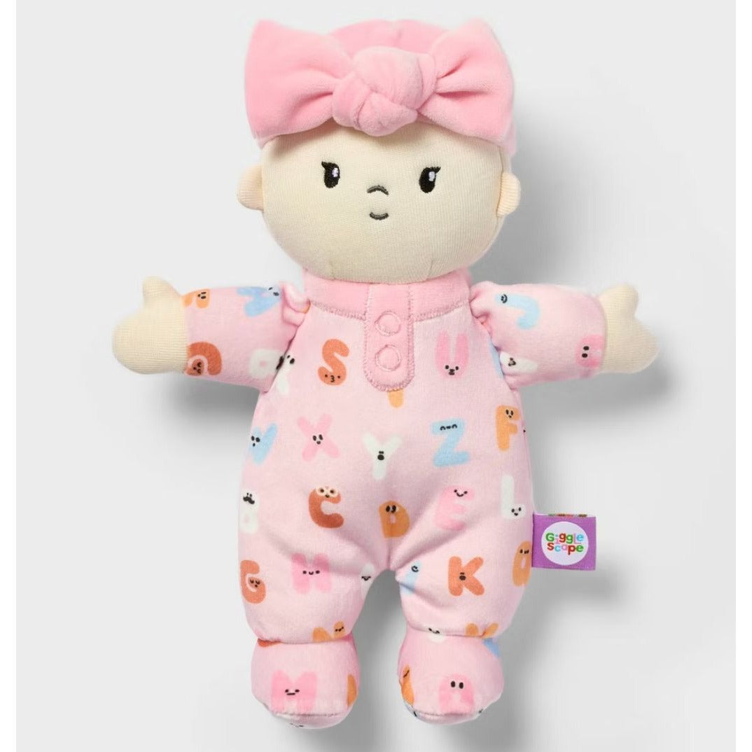 Giggle Scape Soft Plush Baby Doll With Pink Alphabet Onesie & Bow