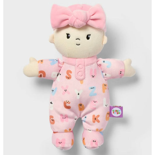 Giggle Scape Soft Plush Baby Doll With Pink Alphabet Onesie & Bow