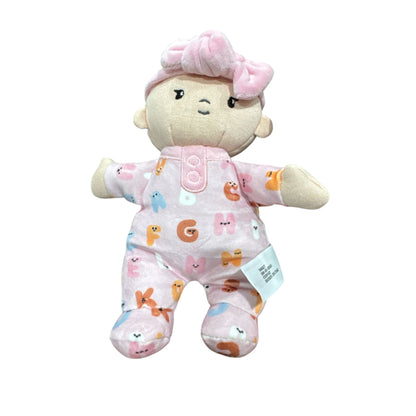 Giggle Scape Soft Plush Baby Doll With Pink Alphabet Onesie & Bow