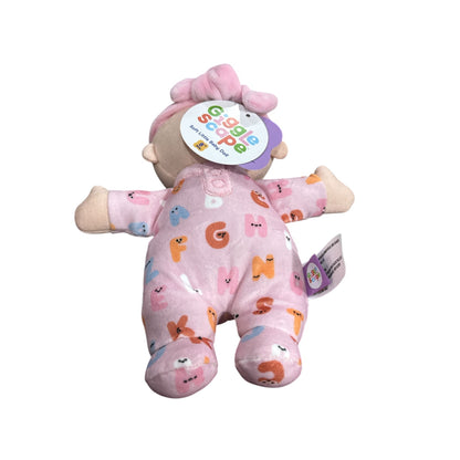 Giggle Scape Soft Plush Baby Doll With Pink Alphabet Onesie & Bow