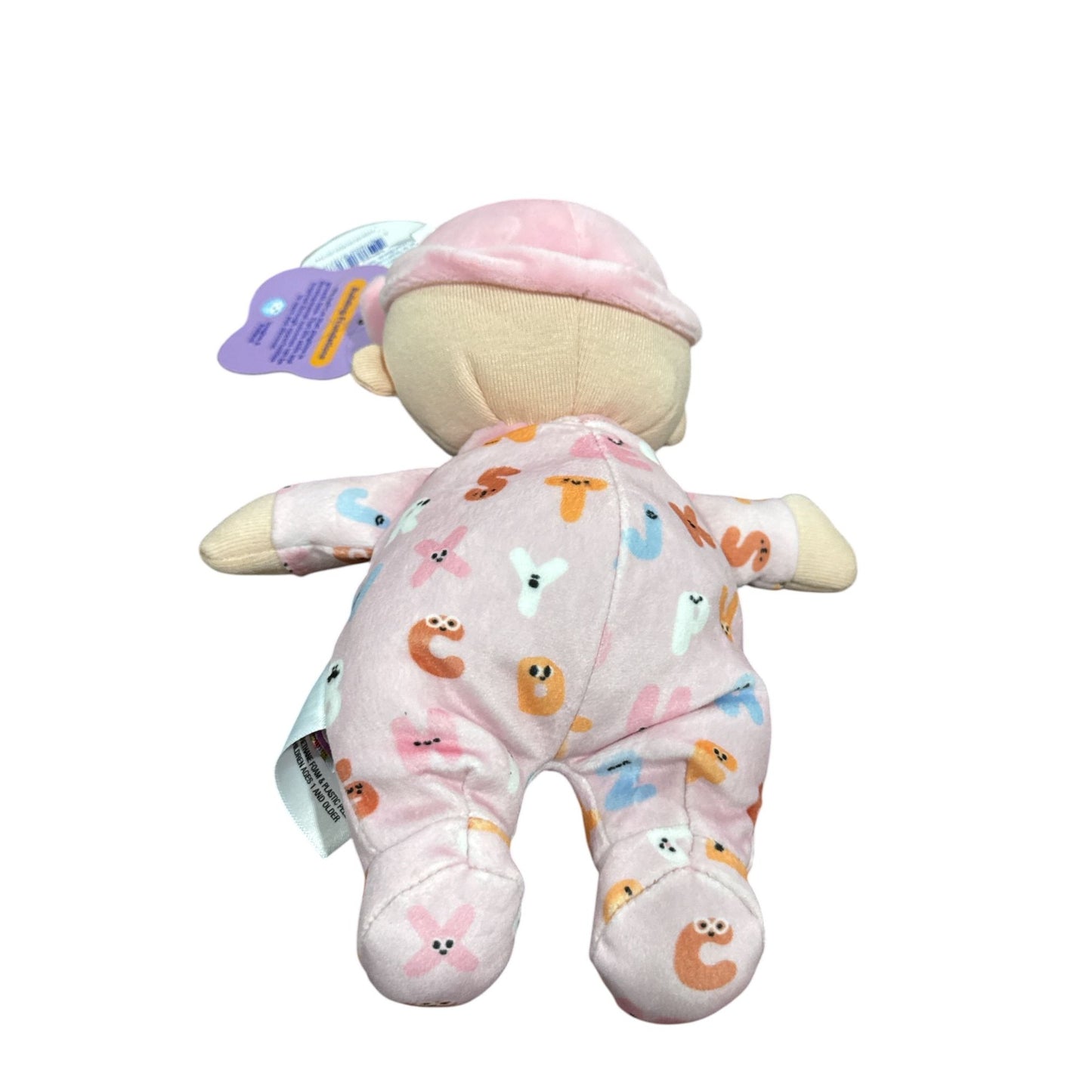 Giggle Scape Soft Plush Baby Doll With Pink Alphabet Onesie & Bow