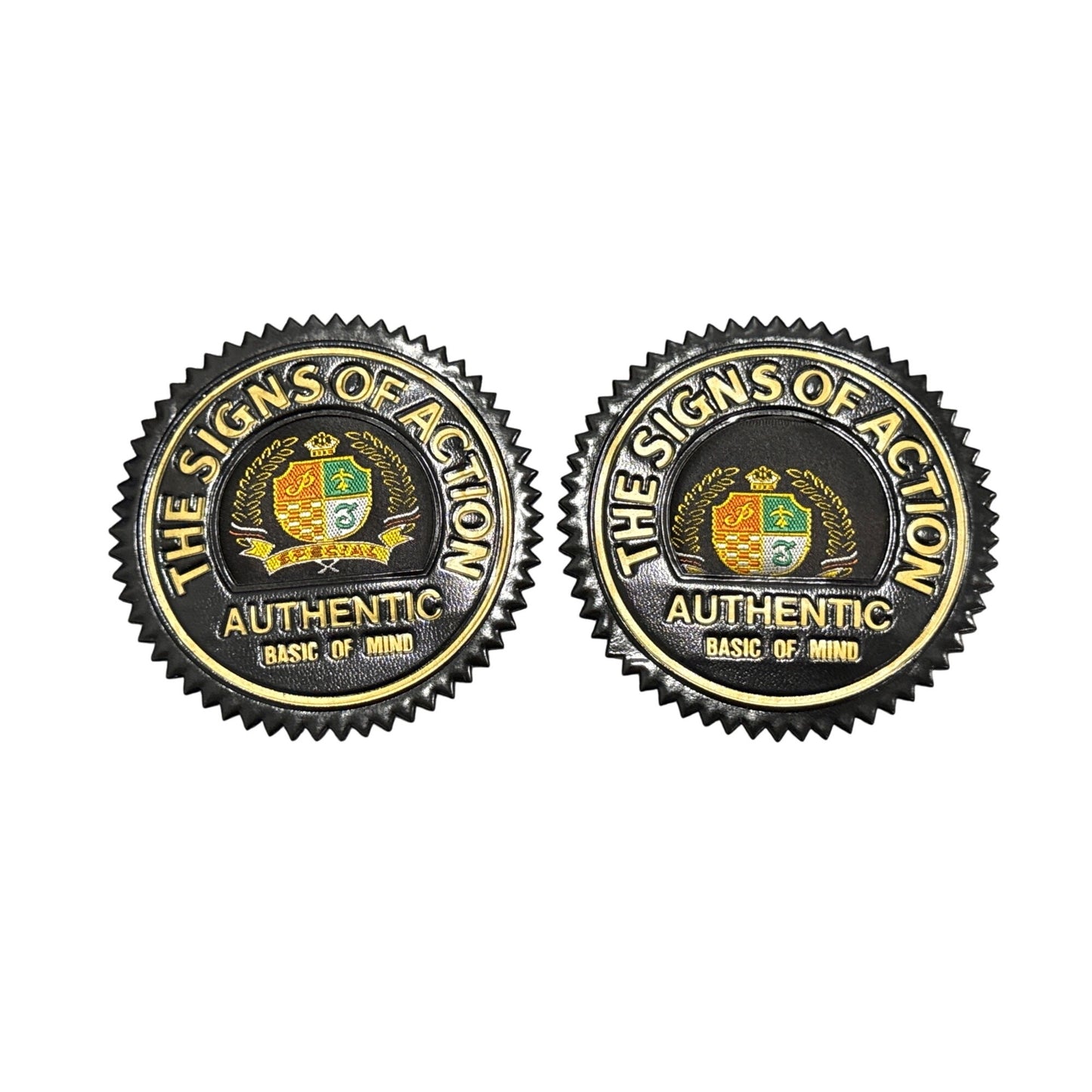 The Signs Of Action Authentic Decorative Metal Badge Patch Pair 2.5" Black & Gold