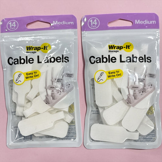 Set of 2 Wrap-It Storage Medium Cable Labels 14-Pack Easy To Write On White Hook & Loop Cord Identifiers
