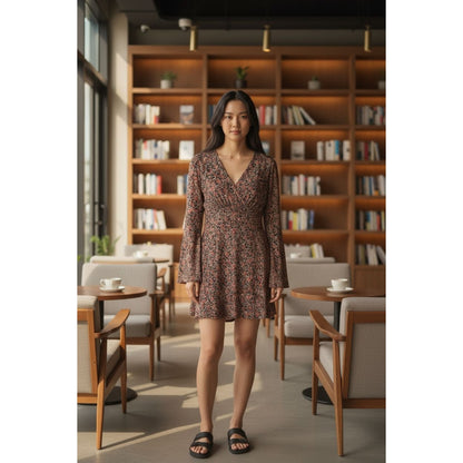 Lush Floral Print Long Sleeve Wrap Dress V-Neck Medium Autumn Colors Boho Chic Style