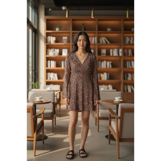 Lush Floral Print Long Sleeve Wrap Dress V-Neck Medium Autumn Colors Boho Chic Style
