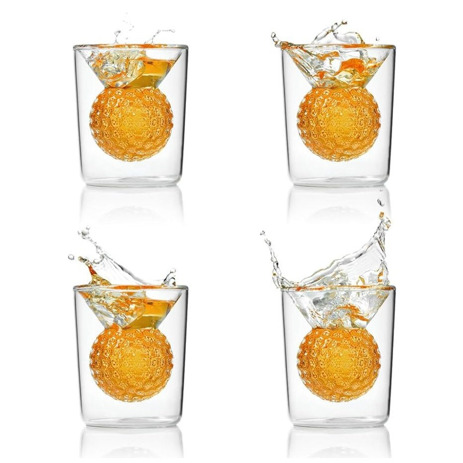 Golf Ball Shot Glasses Set Of 4 Double-Walled With 3D Golf Ball Design Sports Collection Gift Boxed