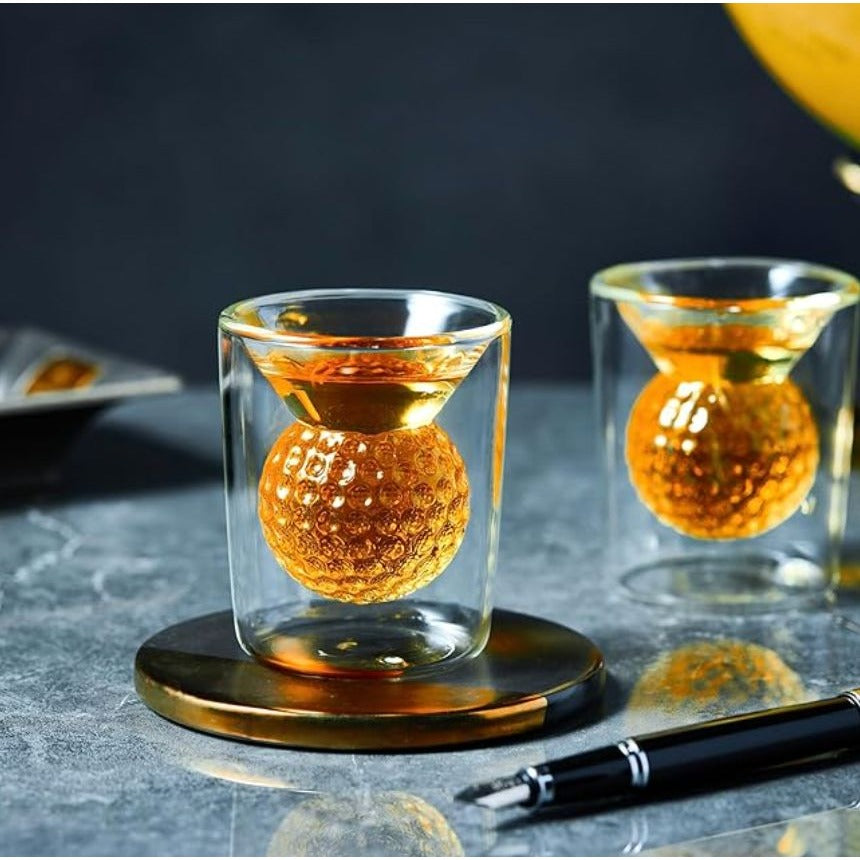 Golf Ball Shot Glasses Set Of 4 Double-Walled With 3D Golf Ball Design Sports Collection Gift Boxed