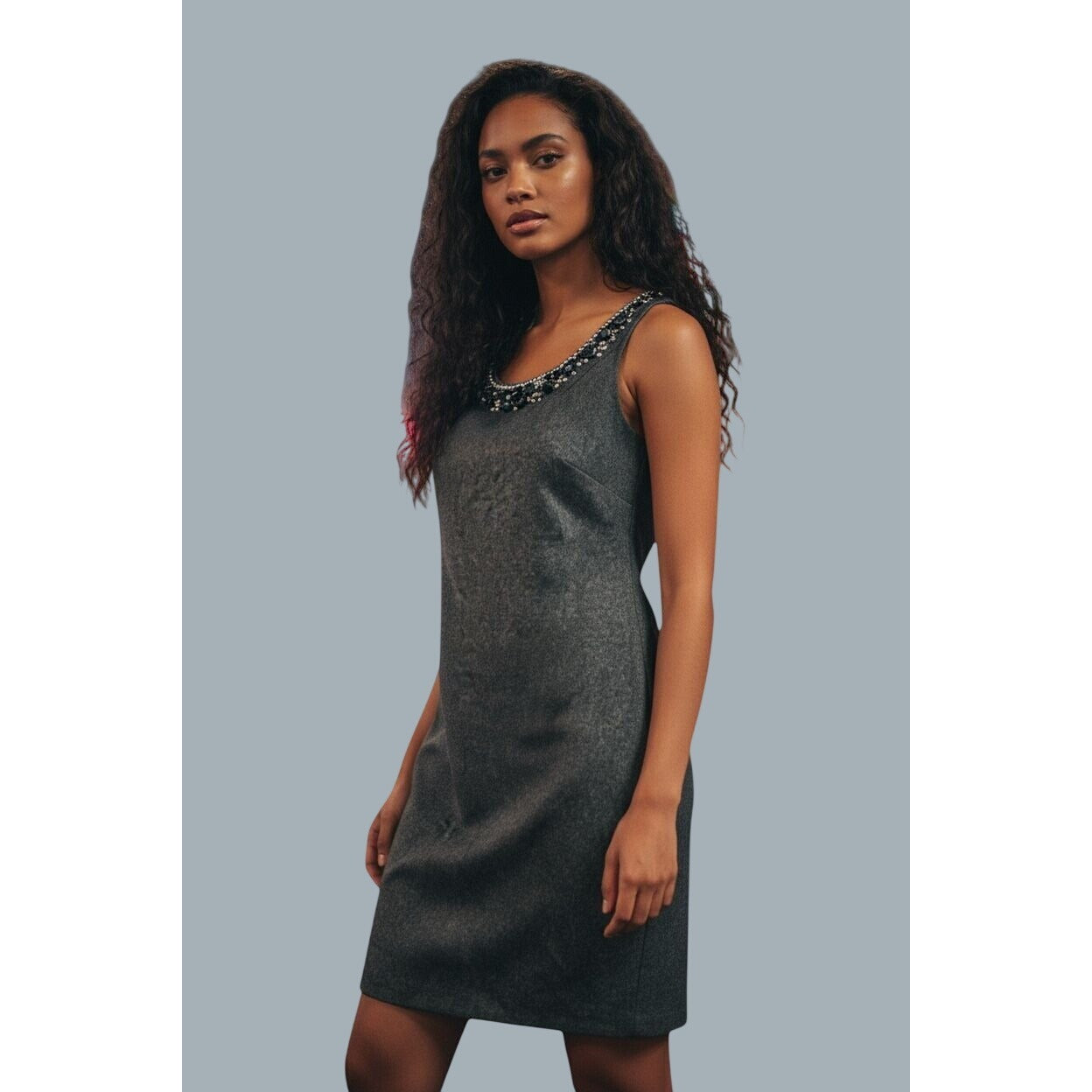 Carmen Marc Valvo Embellished Charcoal Gray Sleeveless Sheath Dress Size 8