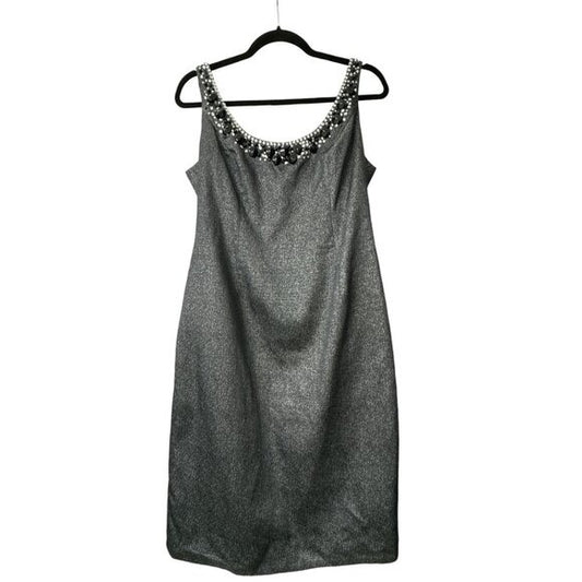 Carmen Marc Valvo Embellished Charcoal Gray Sleeveless Sheath Dress Size 8