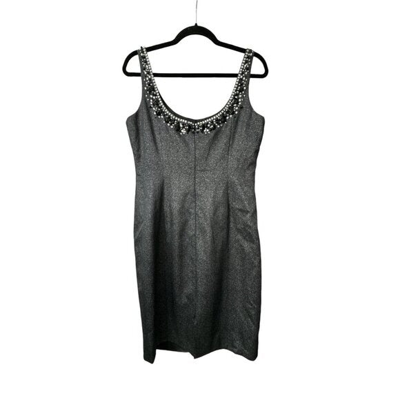 Carmen Marc Valvo Embellished Charcoal Gray Sleeveless Sheath Dress Size 8