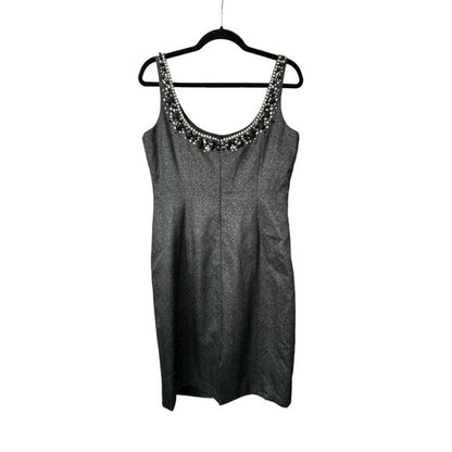 Carmen Marc Valvo Embellished Charcoal Gray Sleeveless Sheath Dress Size 8
