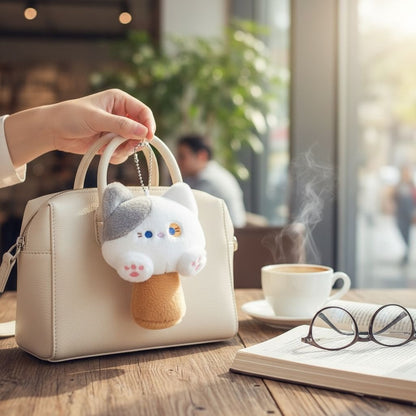Cat Ice Cream Plush Charm With Ball Chain - Multicolor Design - Soft & Cute Accessory For Bags Or Backpacks