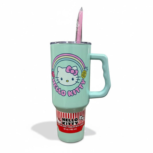Hello Kitty 40oz Tumbler With Handle & Straw Mint Stainless Steel Travel Mug Rainbow Design