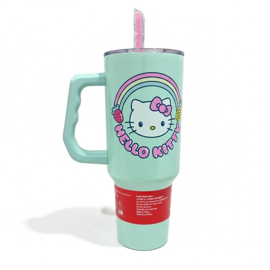 Hello Kitty 40oz Tumbler With Handle & Straw Mint Stainless Steel Travel Mug Rainbow Design