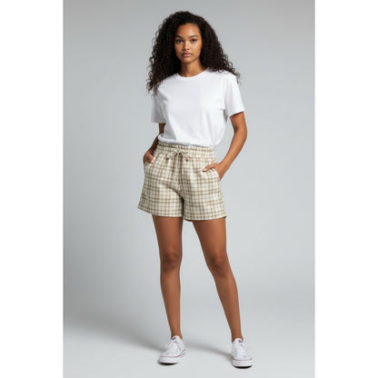 Melrose & Market Women's Plaid Elastic Waist Shorts With Pockets X-Small Beige & Tan