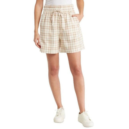 Melrose & Market Women's Plaid Elastic Waist Shorts With Pockets X-Small Beige & Tan