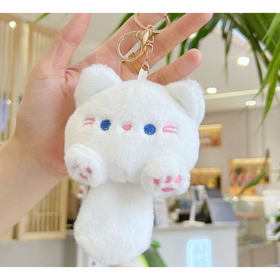 Squeak Chao Cool Meng Casual Cute Plush Cat Keychain With Gold Clasp & Chain - White Soft & Adorable Accessory For Bags Or Keys