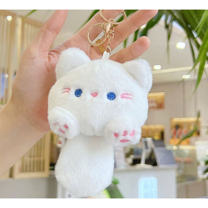 Squeak Chao Cool Meng Casual Cute Plush Cat Keychain With Gold Clasp & Chain - White Soft & Adorable Accessory For Bags Or Keys
