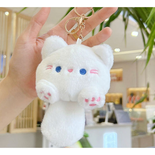 Squeak Chao Cool Meng Casual Cute Plush Cat Keychain With Gold Clasp & Chain - White Soft & Adorable Accessory For Bags Or Keys