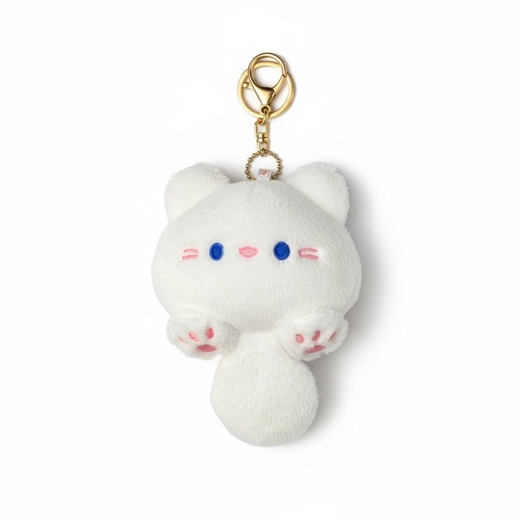 Squeak Chao Cool Meng Casual Cute Plush Cat Keychain With Gold Clasp & Chain - White Soft & Adorable Accessory For Bags Or Keys