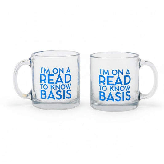 Im On A Read To Know Basis Glass Mug Pair Clear & Blue 12 Oz Dishwasher Safe Book Lover Gift