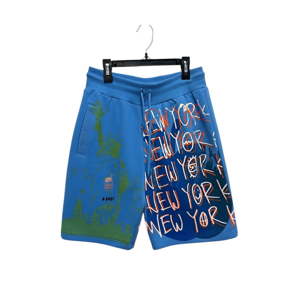 Snow Milk Blue Graphic Print Shorts With New York Theme & Statue Of Liberty Design SMALL