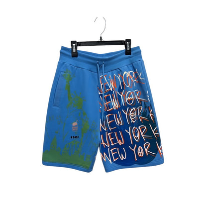 Snow Milk Blue Graphic Print Shorts With New York Theme & Statue Of Liberty Design SMALL