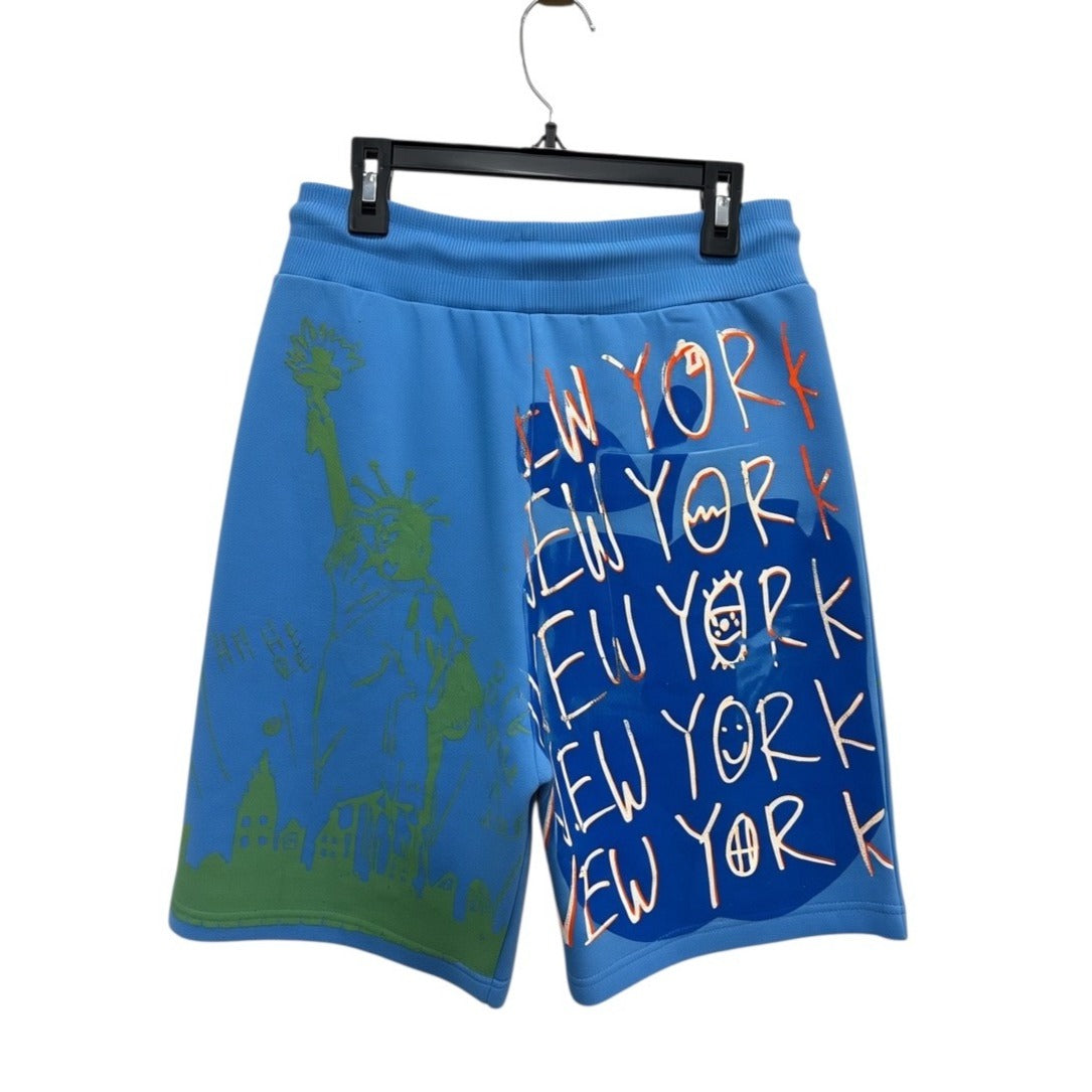 Snow Milk Blue Graphic Print Shorts With New York Theme & Statue Of Liberty Design SMALL