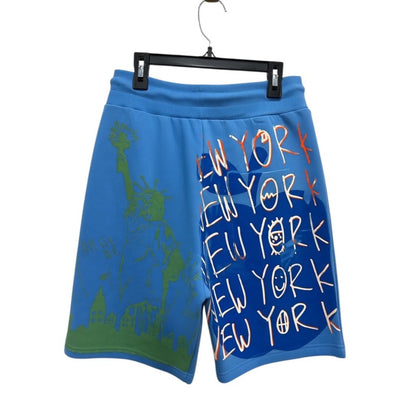 Snow Milk Blue Graphic Print Shorts With New York Theme & Statue Of Liberty Design SMALL
