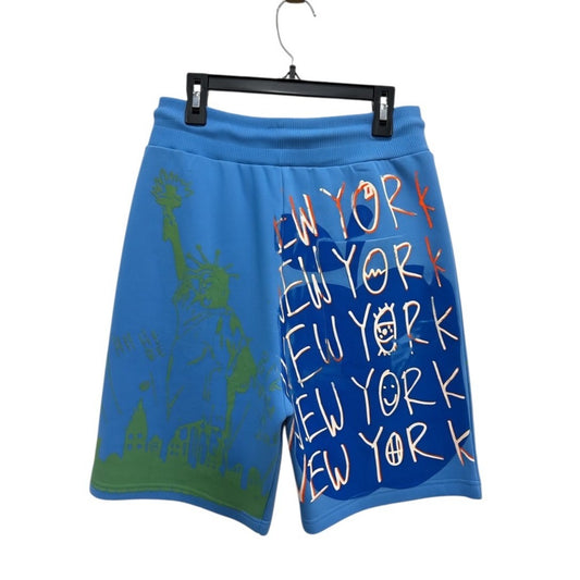 Snow Milk Blue Graphic Print Shorts With New York Theme & Statue Of Liberty Design SMALL