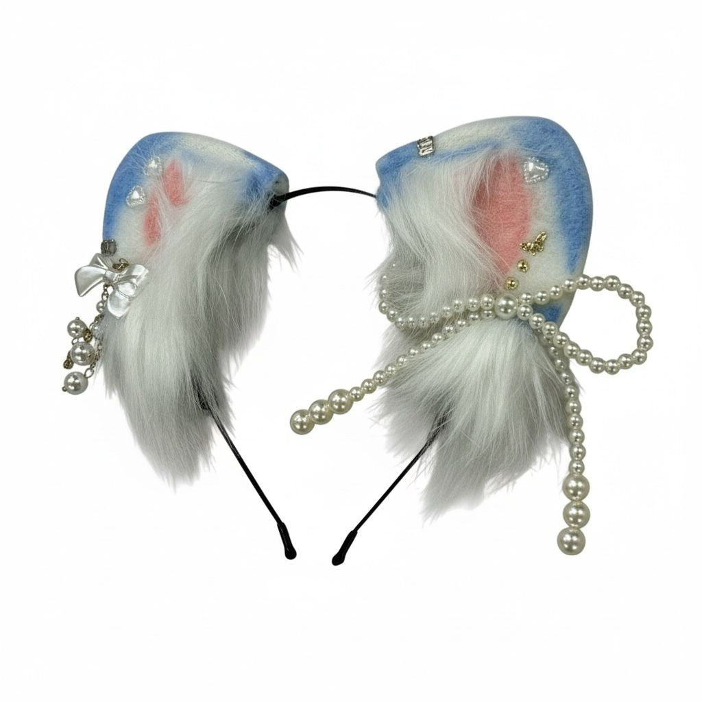 Faux Fur Cat Ear Headband With Pearls & Bow Embellishments For Cosplay Or Costumes