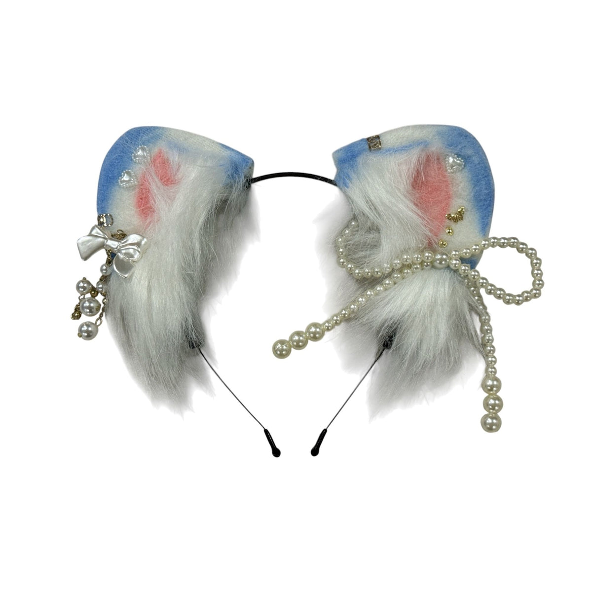 Faux Fur Cat Ear Headband With Pearls & Bow Embellishments For Cosplay Or Costumes